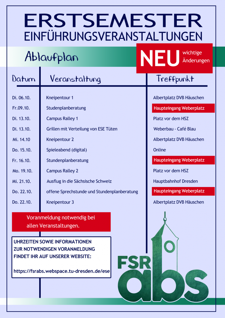 Plakat mit Datum, Art der Veranstaltung und Treffpunkt für eigene Veranstaltungen in der ESE-Woche für Lehramtsstudenten